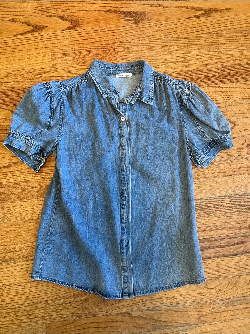 Carol Christian Puff-Sleeve Denim Button-Down Top